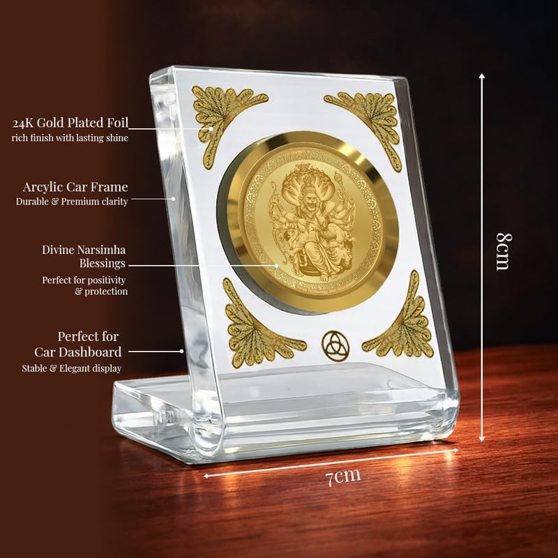 DIVINITI 24K Gold Plated Lord Narasimha Acrylic Frame for Car Dashboard, Home Temple & Office Table | Premium Spiritual Gift, Blessings for Protection & Positivity, 8x7 cm Decorative Showpiece