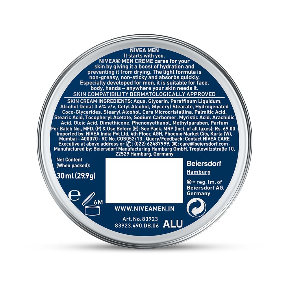 Nivea Men Creme, Non Greasy Moisturizer, Cream For Face, Body & Hands, 30ml