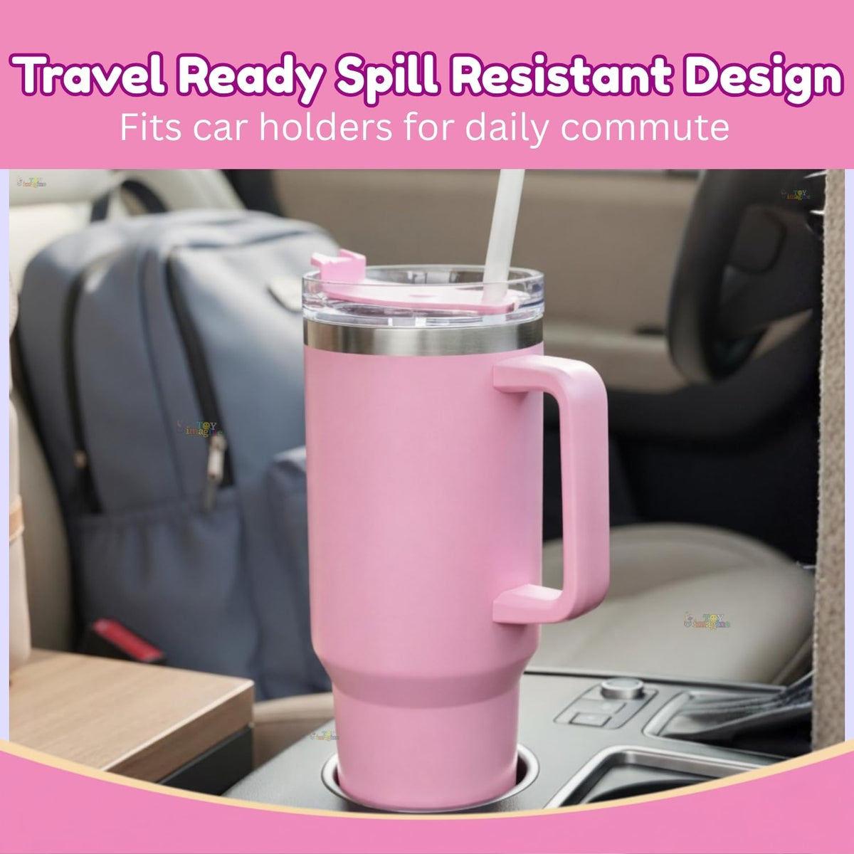 Toy Imagine Stainless Steel Insulated Tumbler with Handle, Lid & Straw | Hot & Cold Large Travel Mug Water Cup for Gym, Office & Outdoor Use | Leakproof | 1200 ml(Pink)