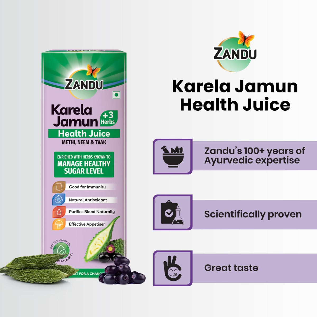 Zandu Karela Jamun + 3 Herbs Health Juice | Power of Karela, Jamun + 3 effective herbs | For Healthy Sugar level | Purifies blood naturally | Natural & Safe | Great taste | 1L