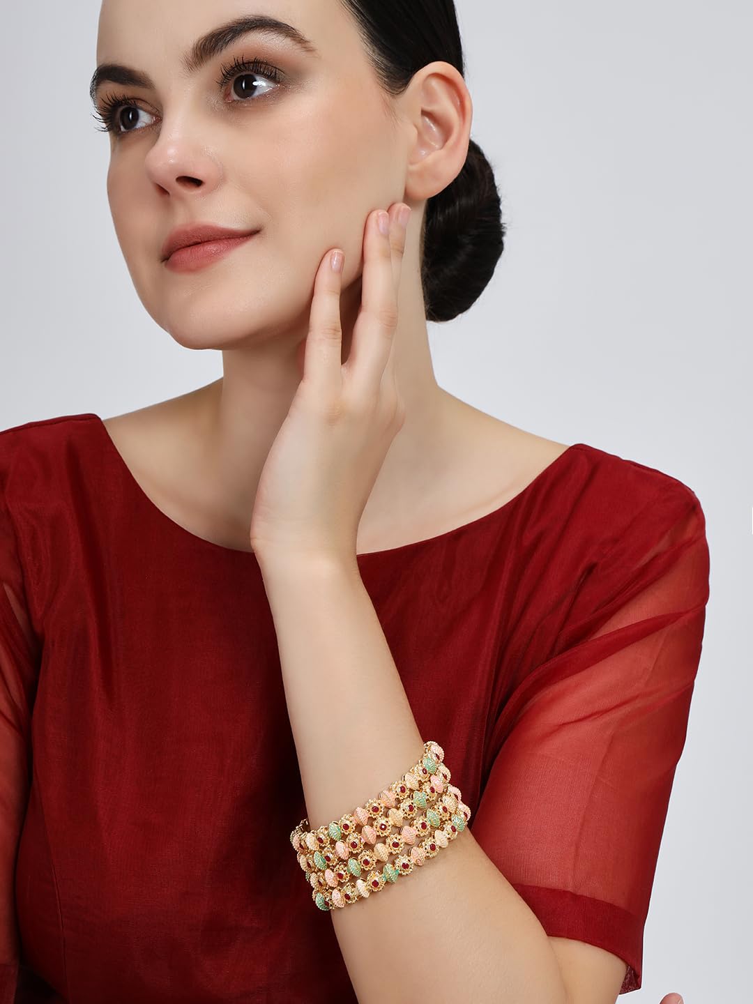 NMII Traditional Gold Plated Metal with Red Zircon GemStone Bangles Set For Girls & Women | Premium Rajwadi Kangan Set | Girl's Bangles Bracelet | Stylish Kada For Women