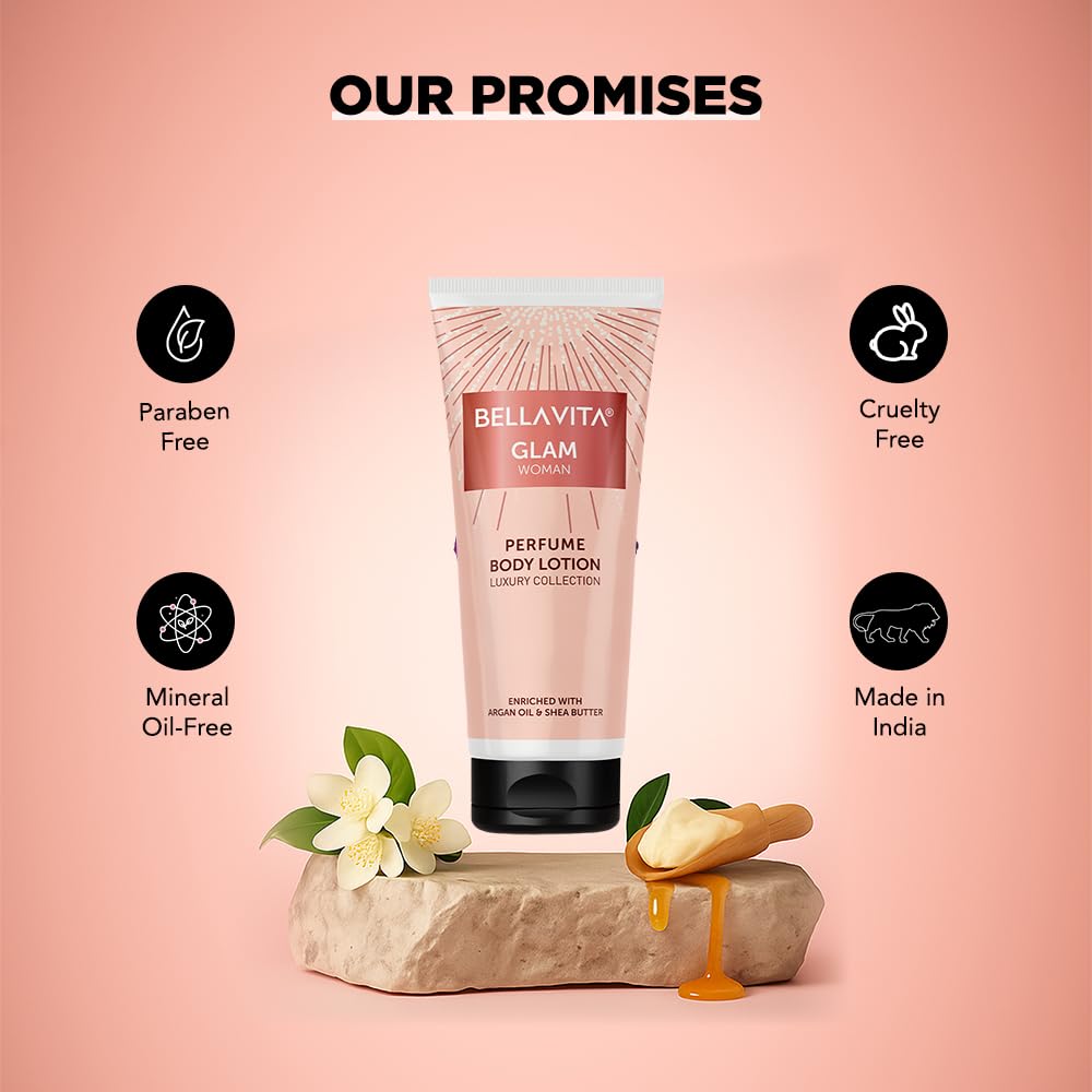 Bella Vita Luxury Glam Woman Perfume Body Lotion for Nourishing, Hydrating, Soft, Supple,Healthy Skin with Argan Oil and Shea Butter 200 Ml