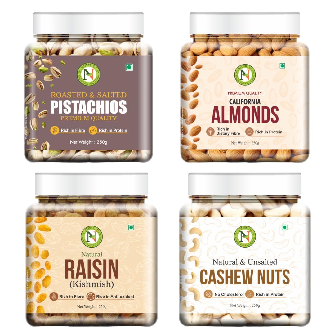 NatureVit Dry Fruits Combo Pack, 1 Kg | Almond, Cashew, Raisins, Roasted Pistachio (250gm x 4) | Tasty, Fresh & Healthy | High in Protein | Healthy Gifts Hamper Every Occasion, Diwali Gift Pack Family, Corporate Office Gifts Combo