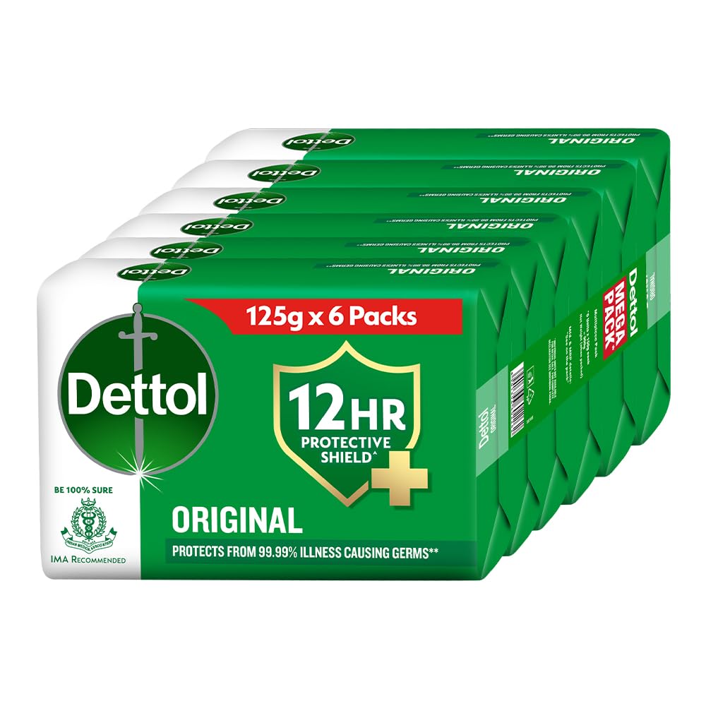 Dettol Original Bathing Soap Bar with 12hr Germ protection (750gm) | Kills 99.99% Germs, 125g (Pack of 6)