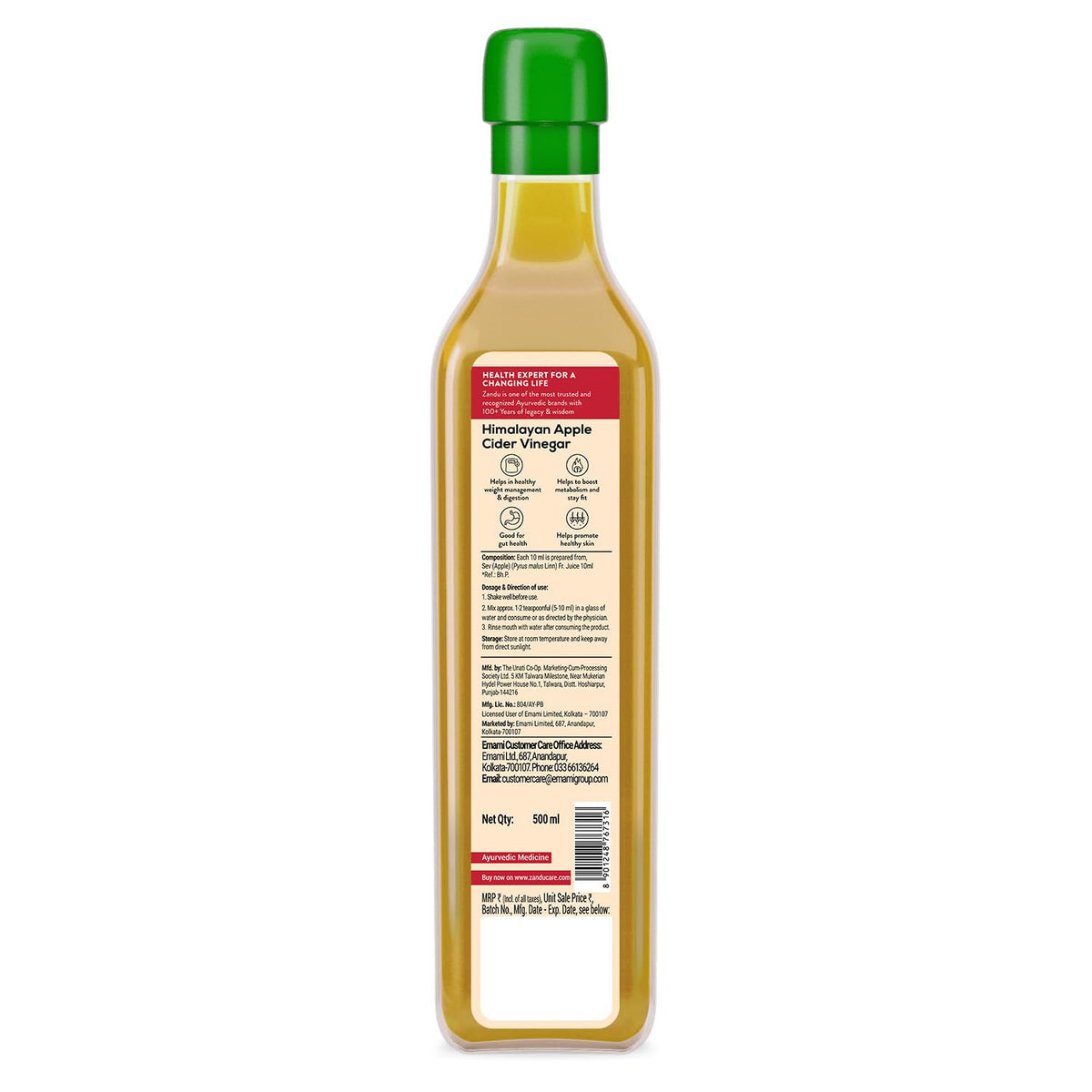 Zandu Himalayan Apple Cider Vinegar with 2X Mother | Scientifically Tested | Raw, Unfiltered, Unpasteurized | Supports Healthy Weight & Digestion | 100% Himalayan Apples | 500ml