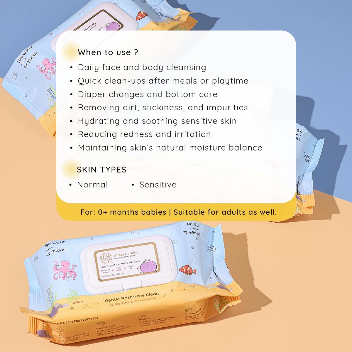 Little Rituals Rash-Free Baby Wipes | 99% Pure Water | 4x Thicker, Plant-Based Cloth, pH 5.5 | Enriched with Chamomile, Sacha Inchi Oil & Pro Vitamin B | Gentle, Moisturizing & Soothing | Dermatologically Tested | 72 Wipes/Pack (Pack of 3)
