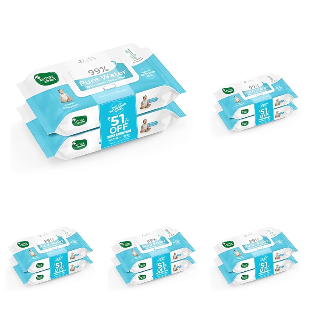 Mother Sparsh 99% Pure Water Baby Wipes (40X2) Super Saver Travel Friendly Combo Pack | Wipes Made with Plant Based Fabric (Pack of 5)