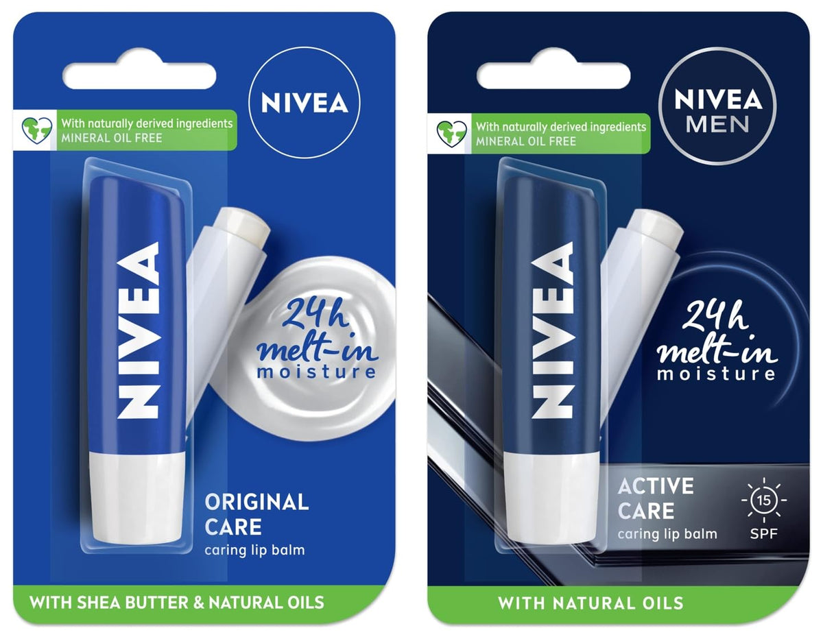 NIVEA Lip Balm, Original Care, 4.8g & NIVEA Men 24 H melt-in mpisture Active Care clearing Lip Balm, SPF 15, 4.8g