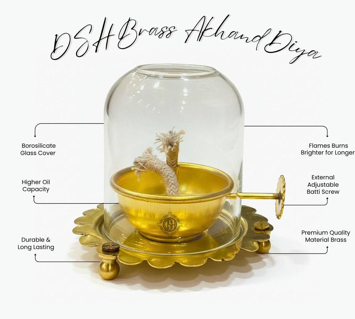 DSH Brass Akhand Diya with Adjustable Bati for Puja Decorative Brass & Glass Oil Lamp with Screw Lever Lantern Diya with Glass Cover for Prayers Home Decor and Diwali Festive Gifts. (Small)