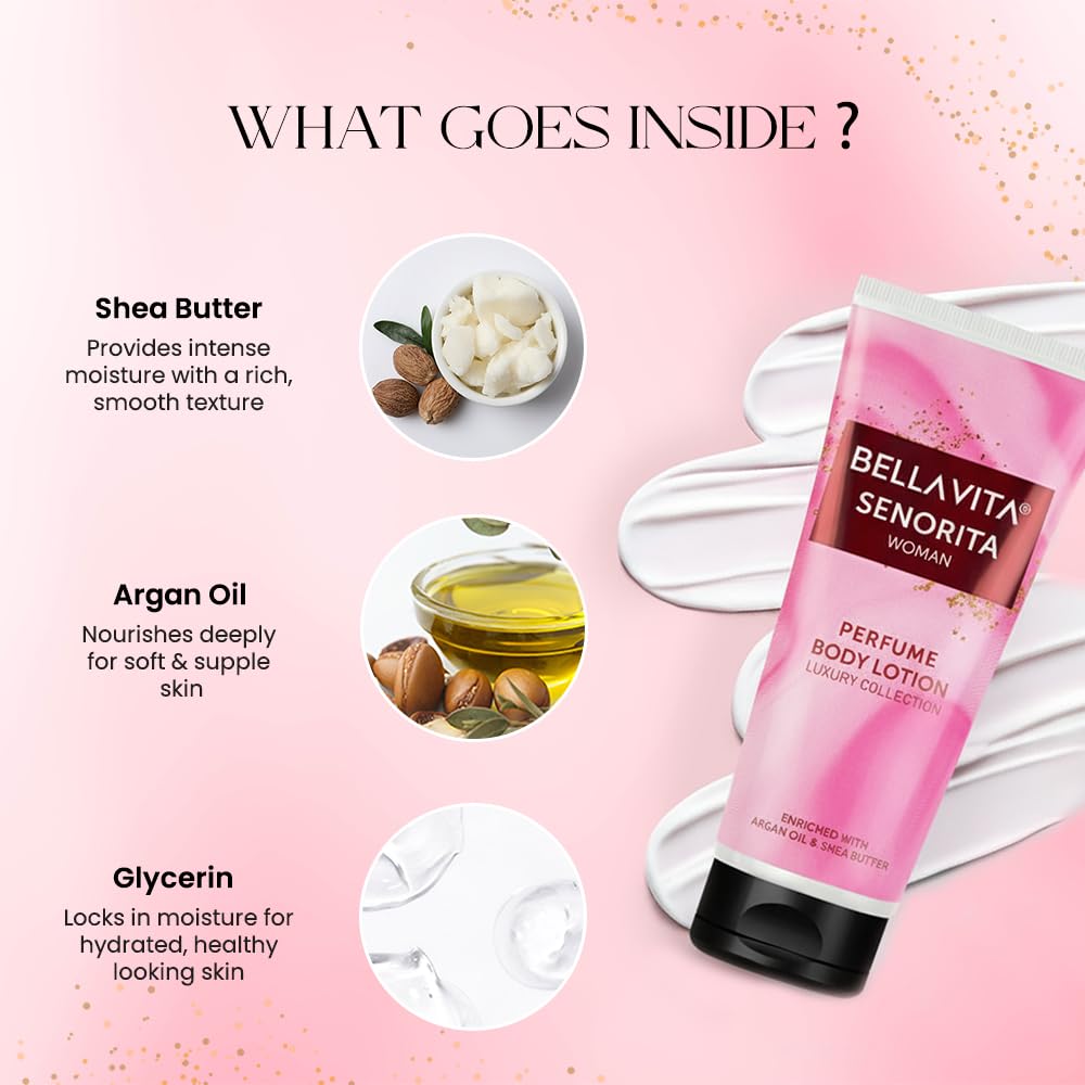 Bella Vita Luxury Senorita Woman Perfume Body Lotion for Nourishing, Hydrating, Soft, Supple,Healthy Skin with Argan Oil and Shea Butter 200 Ml