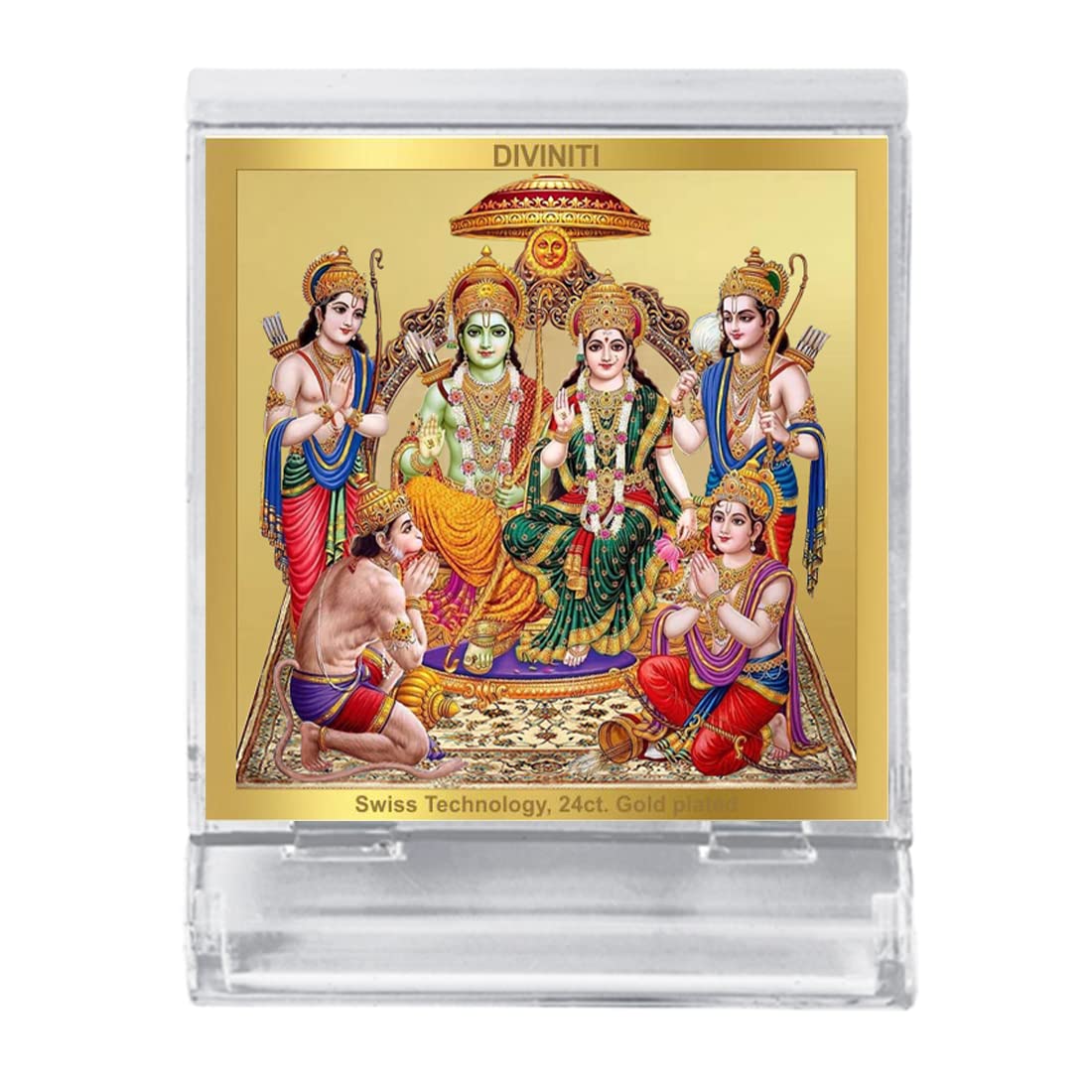DIVINITI 24K Gold Plated Foil Ram Darbar Idol Photo Frame for Car Dashboard Table Home Office and Door Entrance Decor ACF 3A Hindu Ram bhagwan Murti for Puja and Gift Items Religious 5.8X4.8CM
