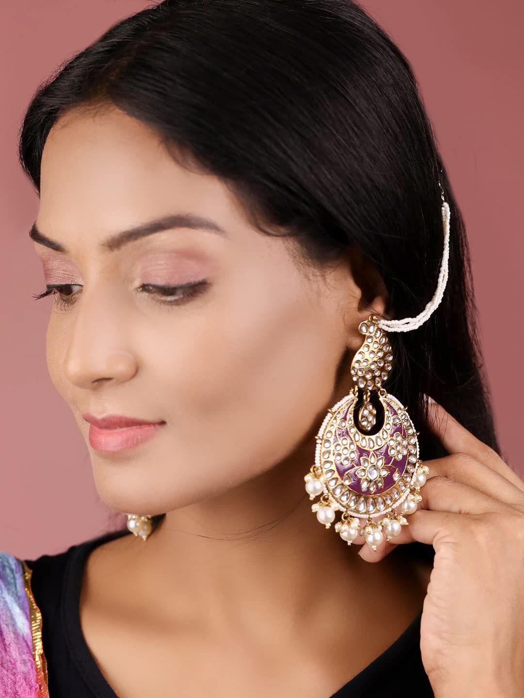 Priyaasi Maroon Kundan Beads Pearls Gold Plated Jhumka Earring, Rani, One Size, (EAR-PR-50642)