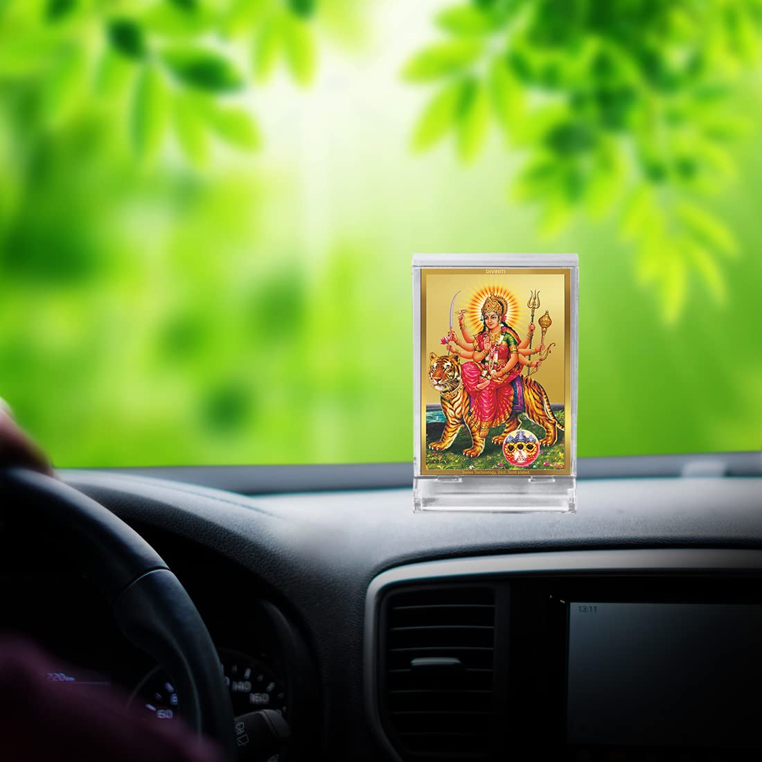 DIVINITI 24K Gold Plated Religious Car Dashboard Frame | Premium God Idol Frame for Car, Home Mandir & Office Table | Spiritual Gift, Decorative Showpiece | Maa Durga