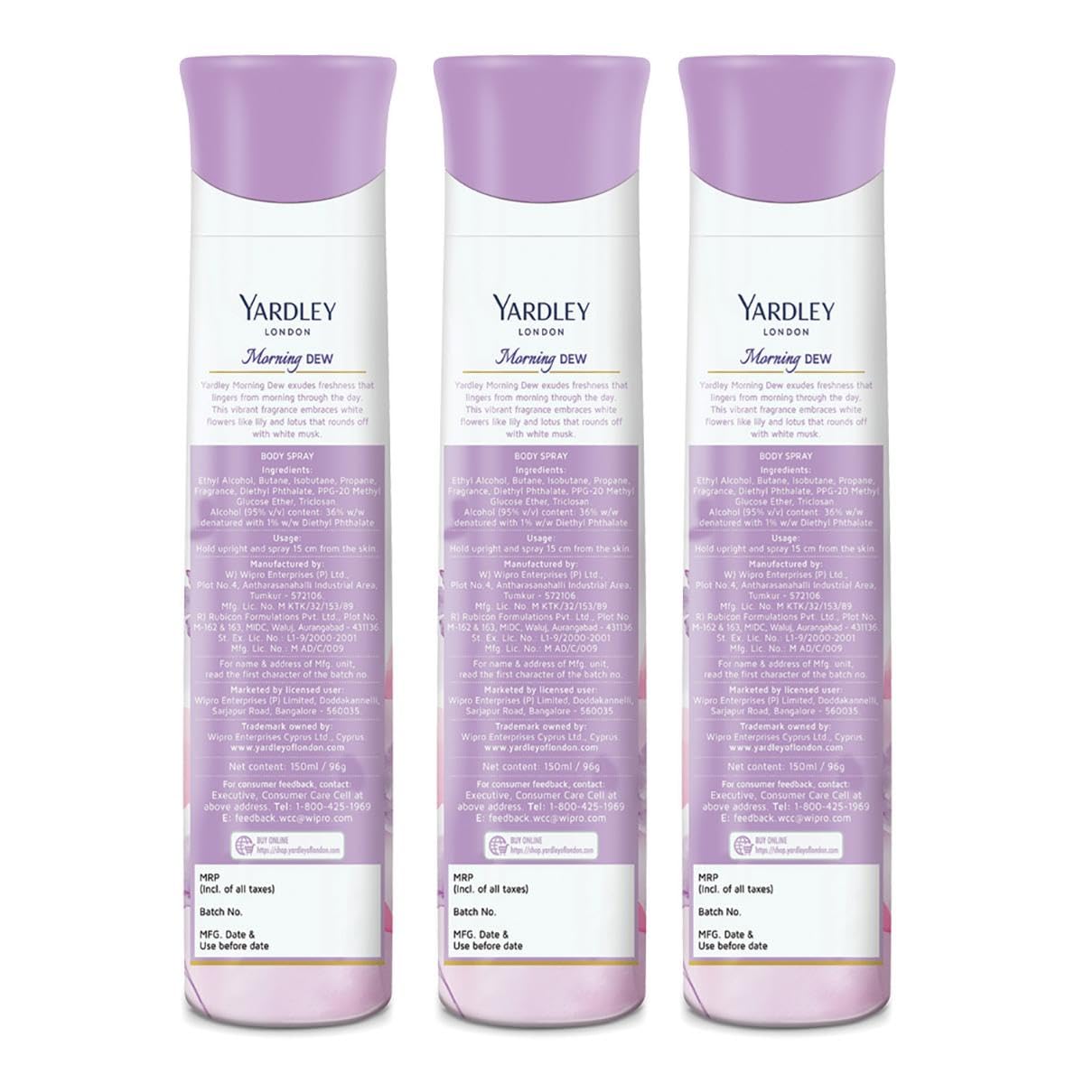 Yardley London Morning Dew Refreshing Body Spray Mega Pack| Lily of Valley & Frangipani Fragrance| Deodorant Body Spray For Daily Use| Deodorant For Women| 90% Naturally Derived| 150ml, Pack of 3