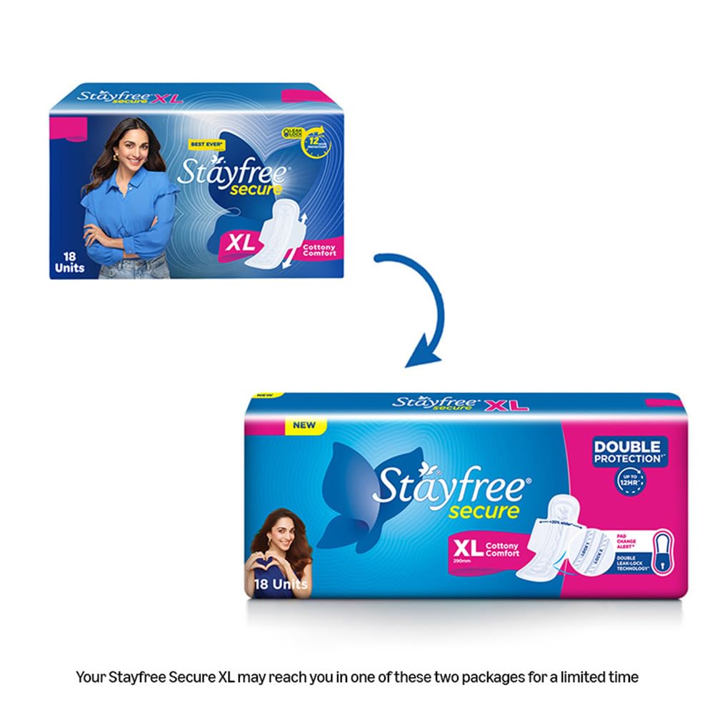Stayfree Secure XL Sanitary Pads – 36 Pads (Pack of 2 × 18) | Cottony Soft Cover | Leak‑Lock Technology | Odour Control | Up to 12‑Hour Protection