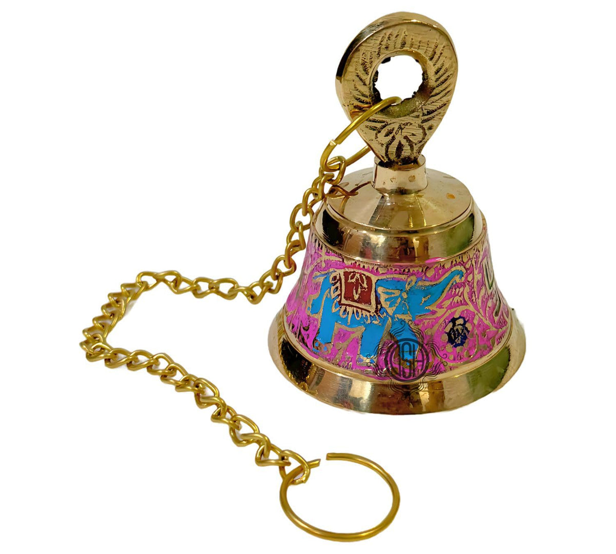 DSH Handcrafted Brass Temple Hanging Bell with Chain Home Mandir Decoration Ghanti for Pooja with Deep Sound (Pink, H-4 Inch)