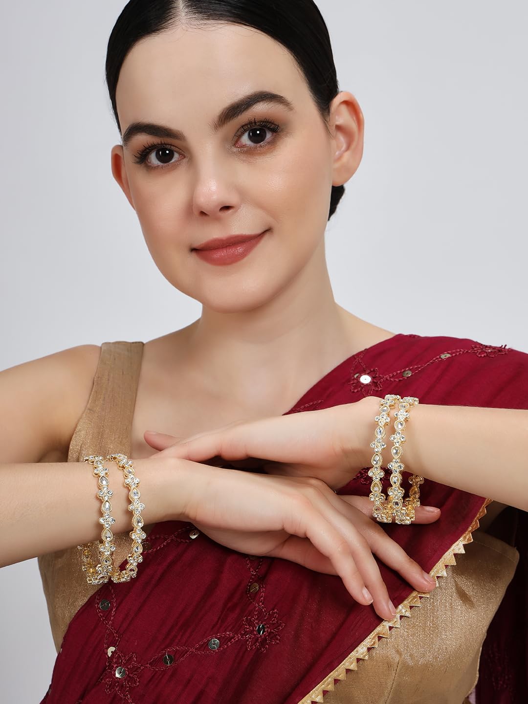 NMII Gold Plated Metal with Zircon Diamond & Kundan Stone Bangles Set For Women & Girls | Traditional Girl's Bangles Bracelet | Designer Kangan | Golden Bangles For Wedding, Party, Etc- Set of 4