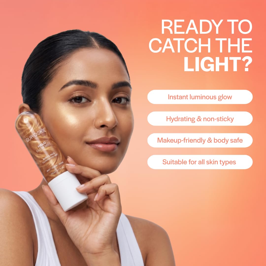 SUROSKIE Halo Glow Mist for Face and Body - Illuminating Shimmer Spray with Panthenol & Humectants for Instant Hydration and Glow (110 ml)