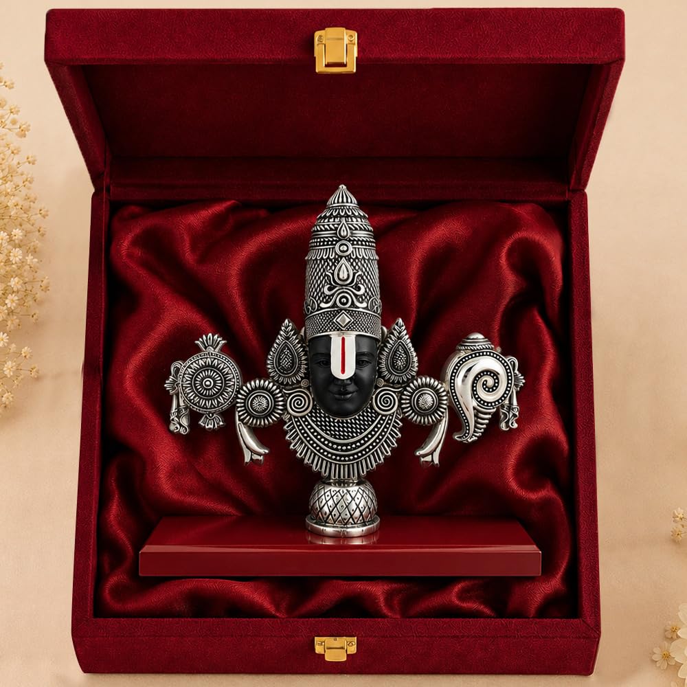 DIVINITI Antique Silver Plated Lord Tirupati Balaji Face Idol with Premium Gift Box|Venkateswara Swamy Decorative Showpiece for Home Temple, Pooja Room & Spiritual Decor|Religious Gift | 13 x 14 cm