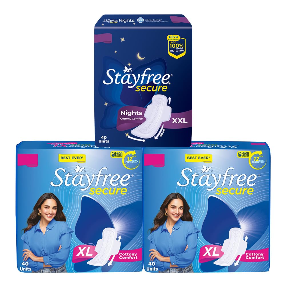 Stayfree Secure Day & Night Combo - Secure Cottony XL 40s (Pack of 2)+ Secure Nights XXL 40s