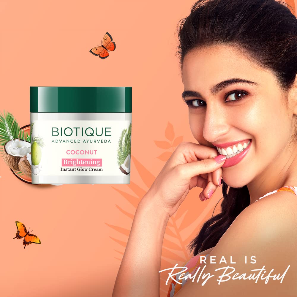Biotique Coconut Brightening Instant Glow Cream| Lightweight and Non-Greasy | Reduces Dark Spots and Protects Ageing | Nourished and Moisturized Skin |100% Botanical Extracts| All Skin Types | 50gm