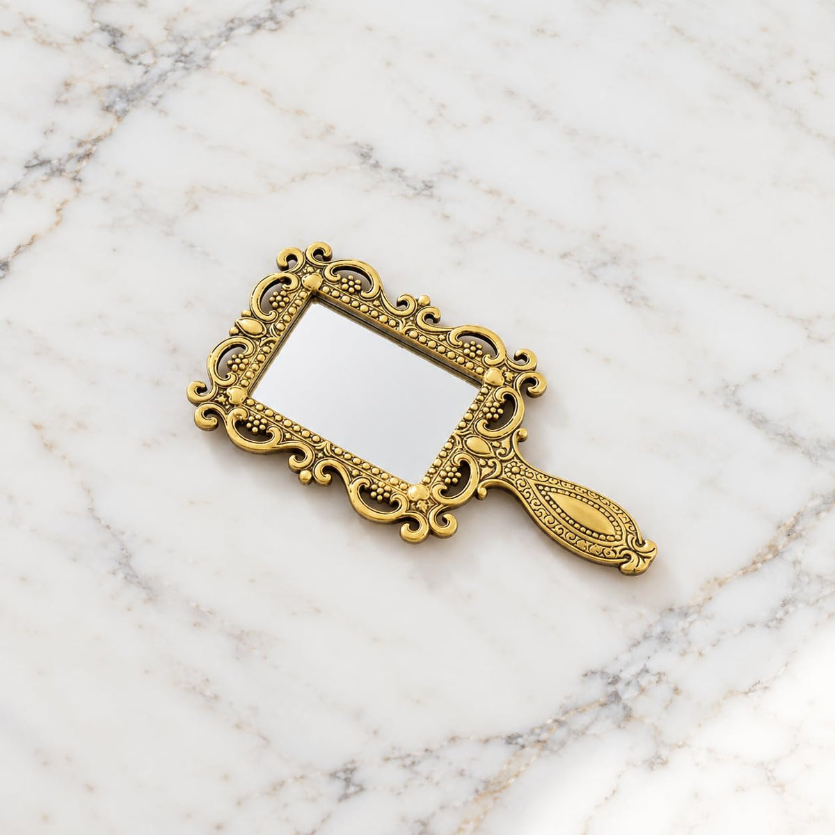 KridayKraft Beautifully Carved Square Shape Gold Plating Metal Hand Mirror for Makeup, Travelling, Salon Mirror & Decorative Antique Item, framed