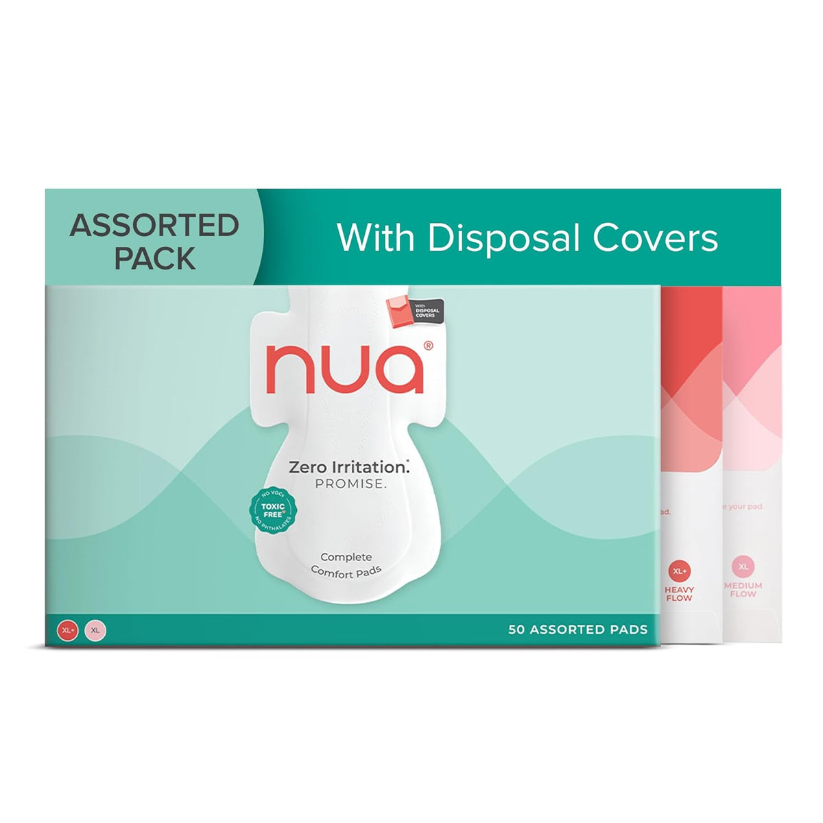 Nua Complete Comfort Sanitary Pads for Sensitive Skin | Pack of 50 Pads (25 Heavy Flow, 25 Medium Flow) with Disposal covers | Zero Irritation | Comfortable All-Day Protection | Ultra-Thin | Super Absorbent | No rashes | 50% Wider Back | 100% Toxic-Free, Dermatologically Tested