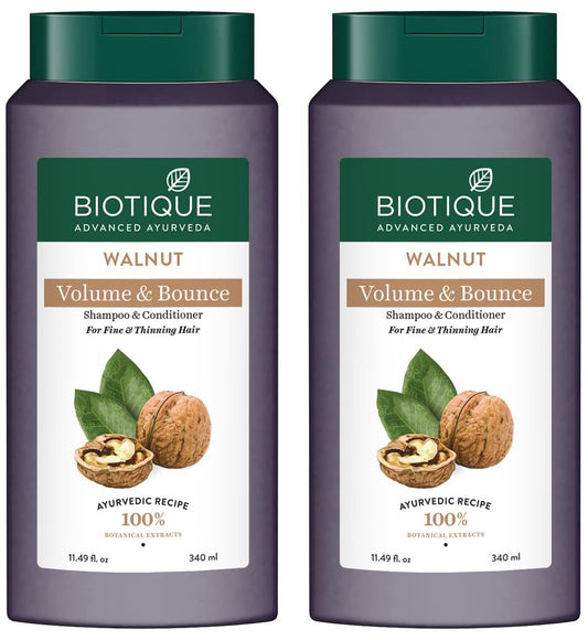 Biotique Walnut Volume and Bounce Shampoo and Conditioner | For Fine and Thinning Hair| Volumizing Shampoo for Thin Hair |100% Botanical Extracts |340ml (Pack of 2)