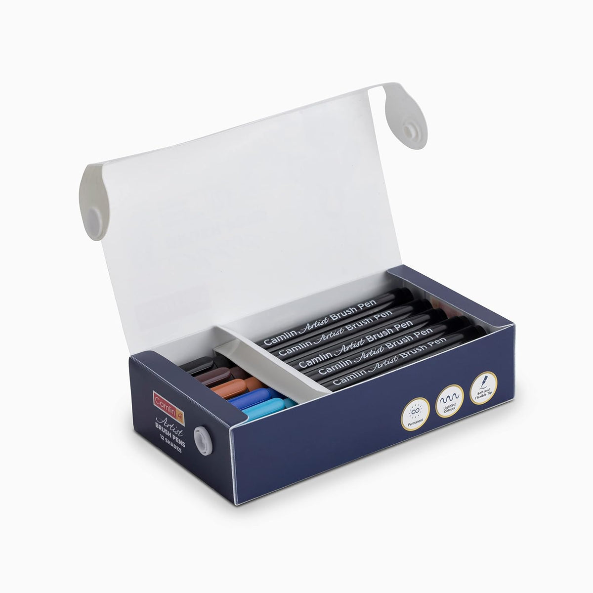 Camel Camlin Artist Brush Pen Set - Pack of 12 (White) Artist Water Colour Cake Set - Pack of 24 (Blue)