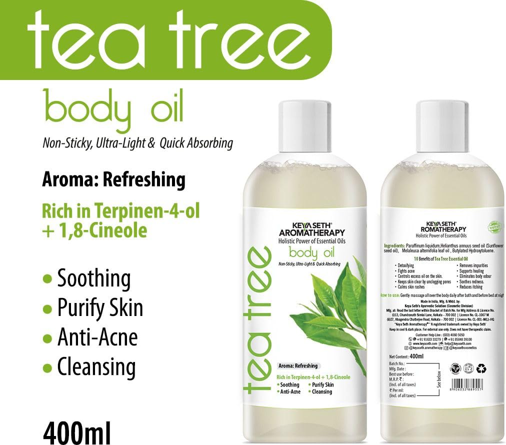 KEYA SETH AROMATHERAPY Tea Tree Body Oil - Moisturising, Anti Acne, Cleansing, Soothing & Purifies Skin; Non-Sticky, Quick-Absorbing 400ml