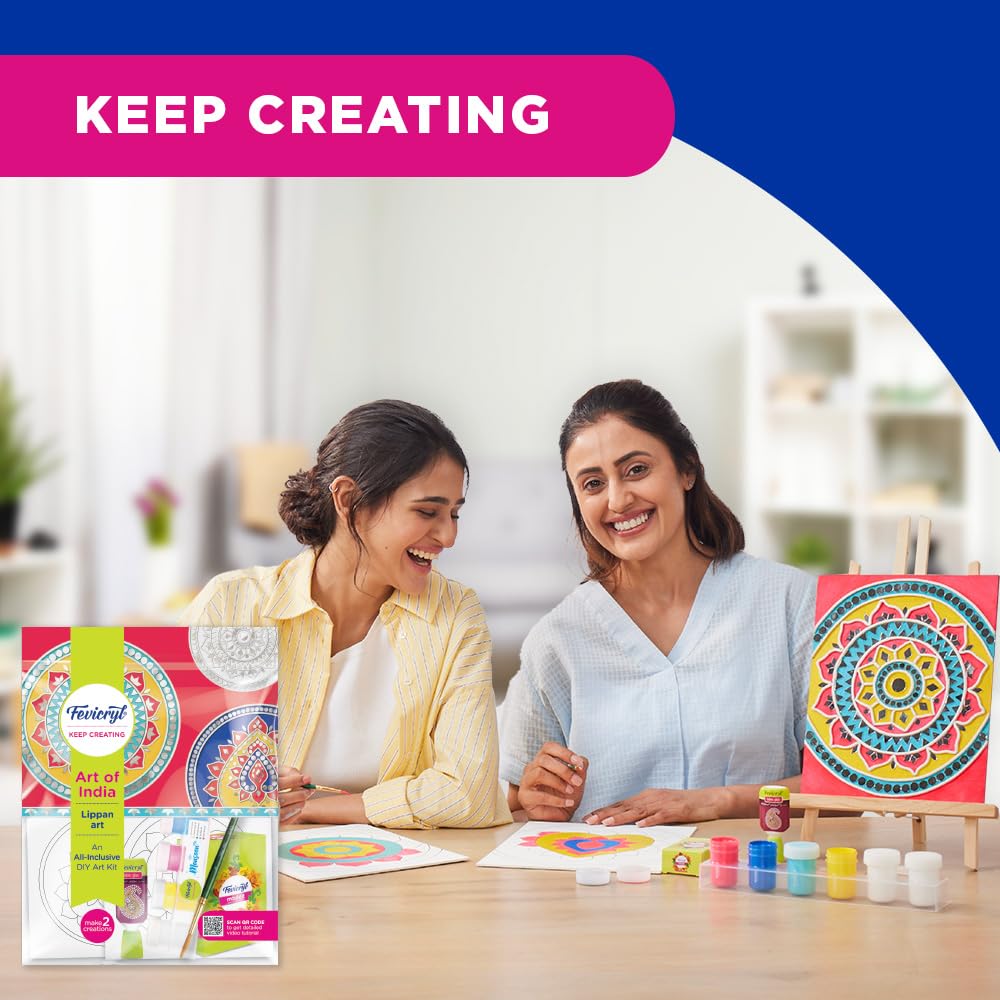 Fevicryl Art of India Lippan kit, Acrylic Paints 6 Shades, 1 Round Brush, Pre-Designed Canvas, Mouldit, Ideal for Festive Gifting, Artists, Students