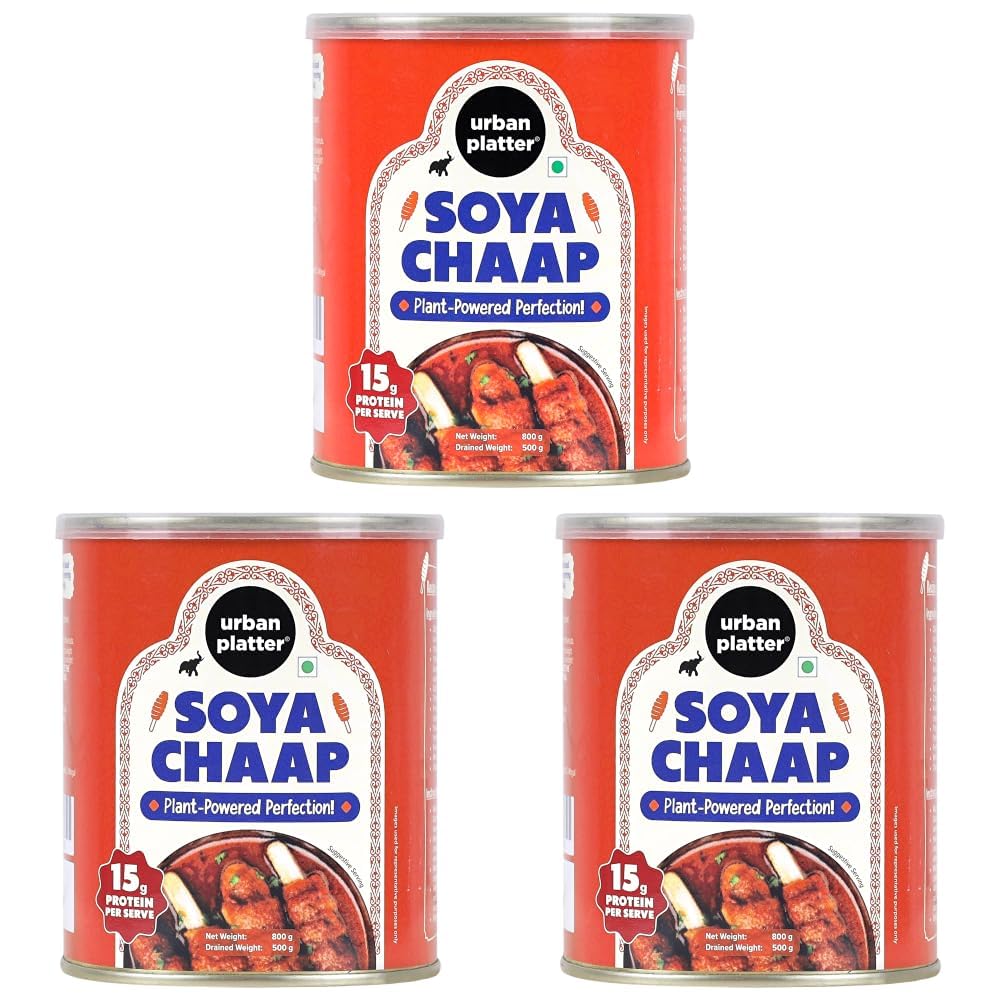 Urban Platter Soya Chaap in Brine, 800g (Canned | Chunks on Stick | Drained Weight - 500g, Rich in Plant Protein| Soy Chap) (Pack of 3)