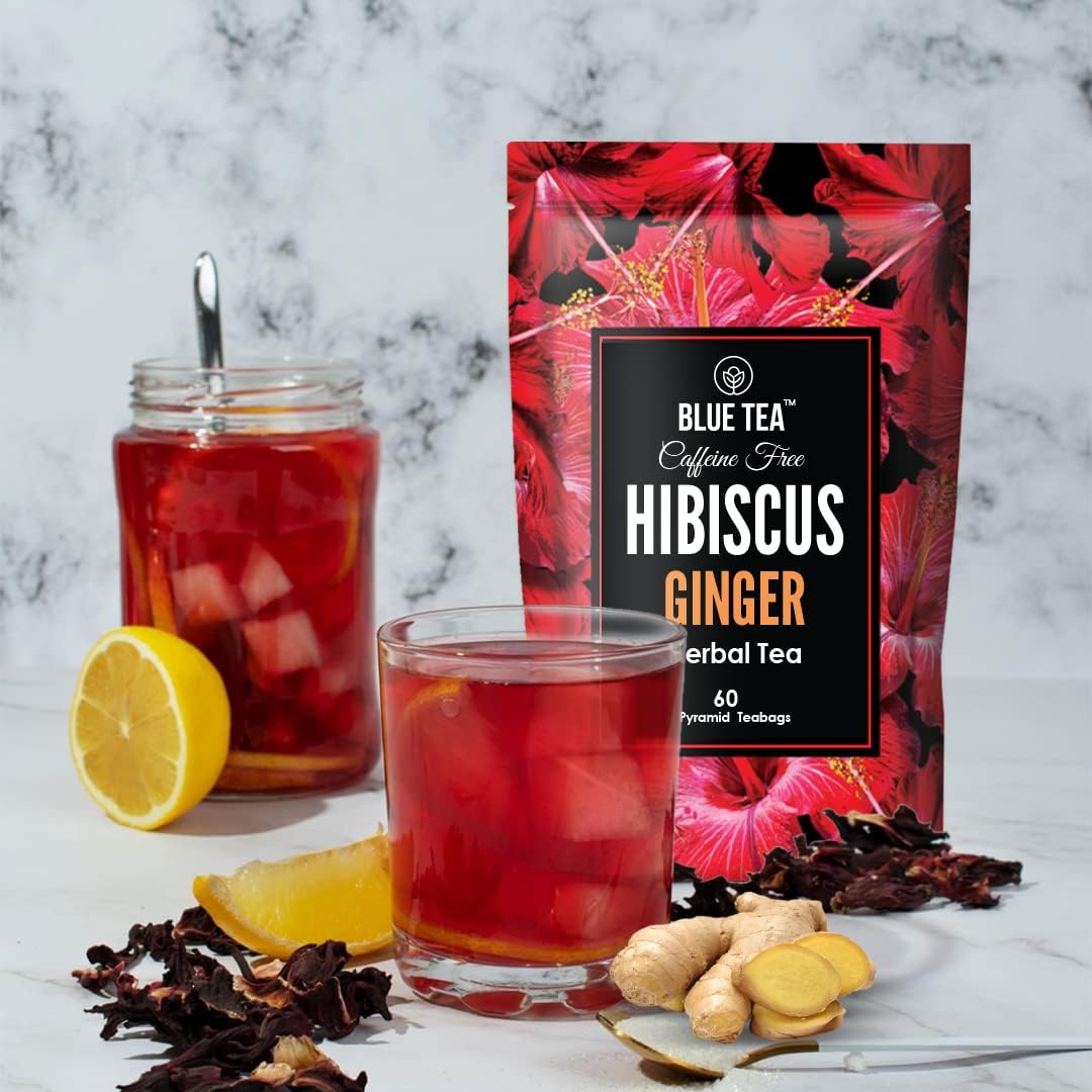 BLUE TEA - Hibiscus Ginger Tea - 60 Tea Bags - Plant Based | ENHANCING SKIN GLOW | Tangy & Spicy - Flower Based - Caffeine Free - Gluten Free | Ziplock Pouch
