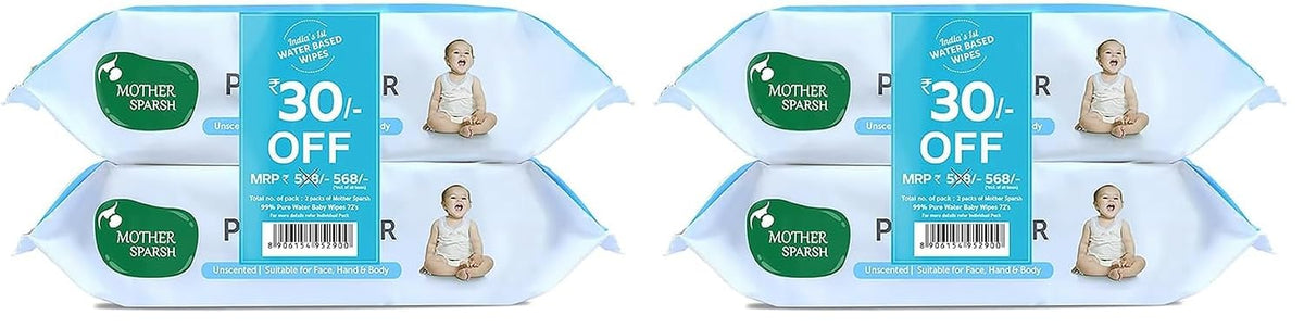 Mother Sparsh 99% Pure Water (Unscented) Baby Wipes with Lid I Natural Plant made cloth - Super thick Wet Wipes I 72 pcs/pack - Pack of 4 (Super Saver Pack)