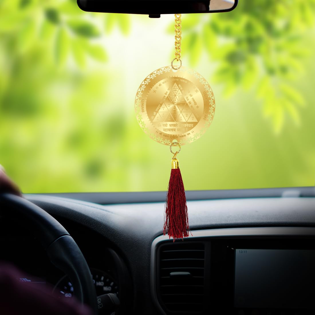 Diviniti 24K Gold Plated Lord Hanuman Ji and Yantra Sankatmochan Double Sided Car Dangler Hanging & New House Entrance Welcome Luxurious Decor for Car Divine Accessories for Positive Energy