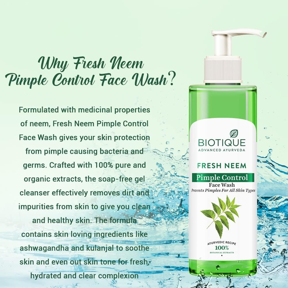 Biotique Fresh Neem Pimple Control Face Wash| Ayurvedic and Organically Pure| Prevents Pimples |100% Botanical Extracts| Suitable for All Skin Types | 200mL