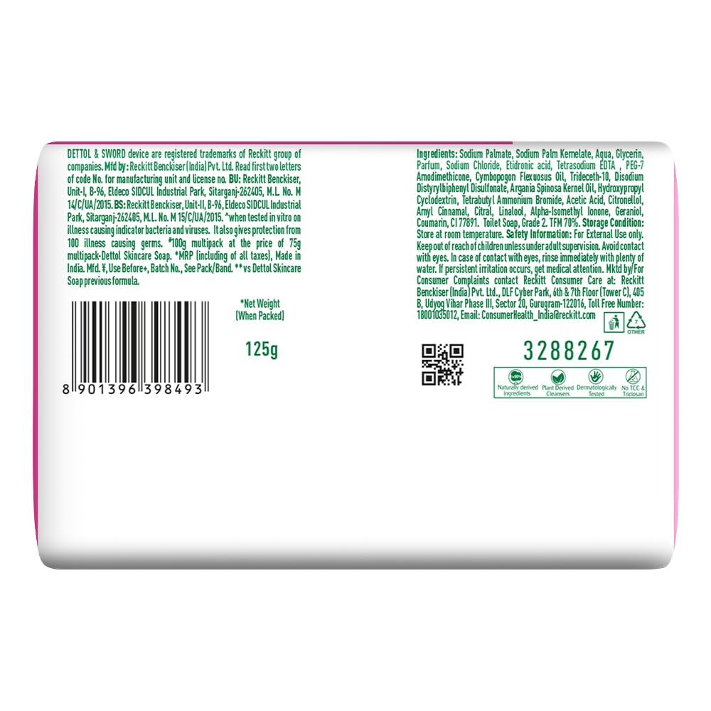 Dettol Skincare Moisturizing Beauty Bathing Soap Bar | With 2x moisturizers & Argan Oil| Softer Skin, 125gm each - Pack of 8