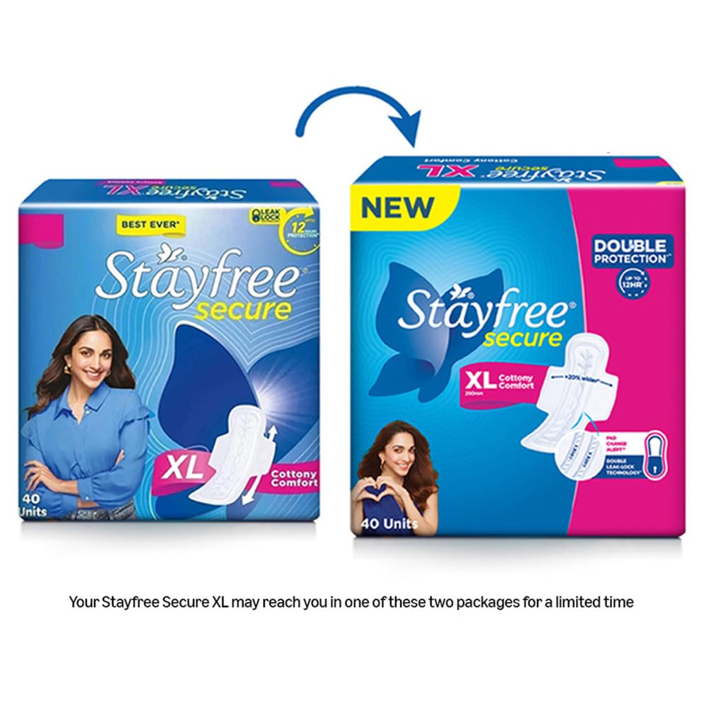 Stayfree Secure xl | Cottony Soft Sanitary Pads for Women | With LeakLock Technology | Odour Control | Absorbs upto 100% fluid | Up to 12 Hours of Protection | 40 Pads (Pack of 2)