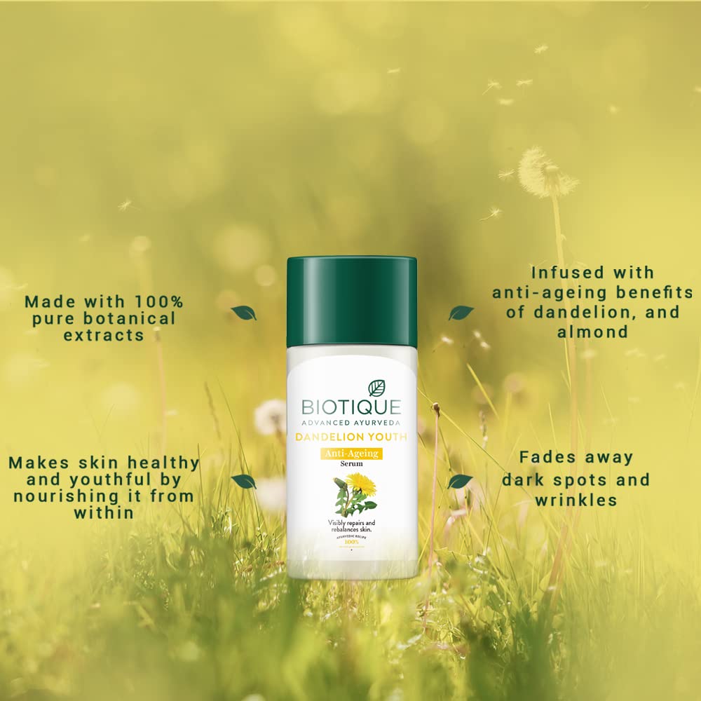 Biotique Dandelion Youth Anti-Ageing Serum| Ayurvedic and Organically Pure| Anti-Ageing Serum for Men & Women| Reduces Fine Lines & Wrinkles |100% Botanical Extracts| All Skin Types | 40ml(Pack of 2)