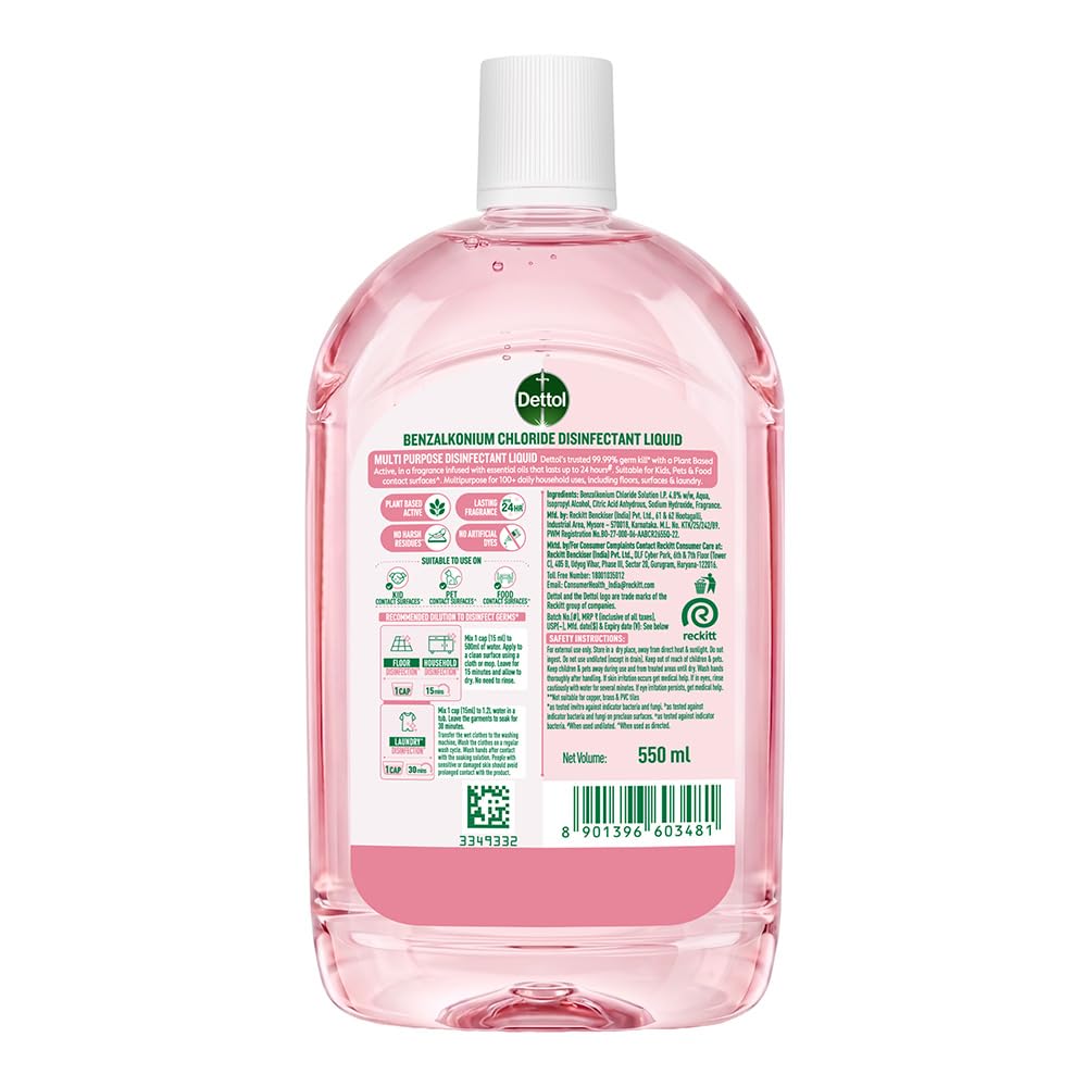 Dettol Plant-Based Disinfectant Liquid 550ml, White Peach & Grapefruit Fragrance – Kids Safe & Pet Friendly | Multi-Purpose Cleaner for Laundry & Floors | Kills 99.99% Germs