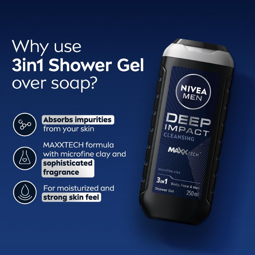 Nivea Men Body Wash, Deep Impact, 3 In 1 Shower Gel For Body, Face & Hair, With Microfine Clay, 250ml