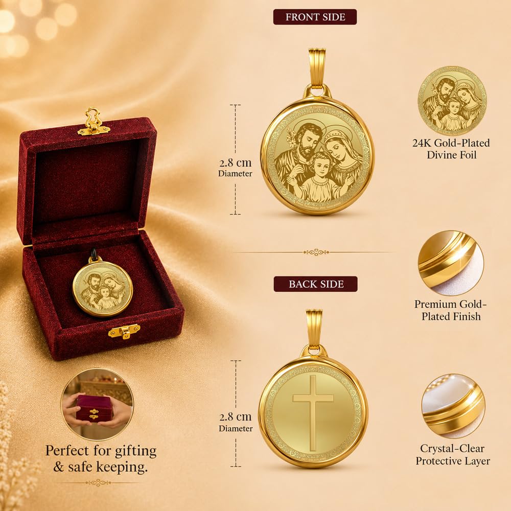 DIVINITI 24K Gold Plated Double-Sided Religious Pendant with Premium Gift Box, Spiritual Locket for Men & Women, Devotional Jewellery for Gifting & Everyday Wear | Holy Family & Holy Cross - GNG Pendant