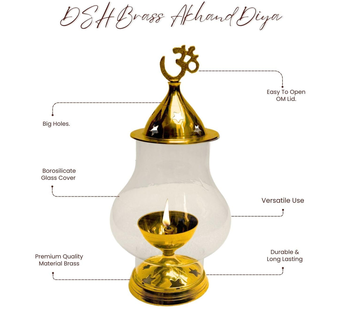 DSH Brass Diya for Puja & Religious with Borosilicate Glass Cover for Home,Temple Decorative Brass & Glass Oil Lamp Lantern Diya for Prayers.
