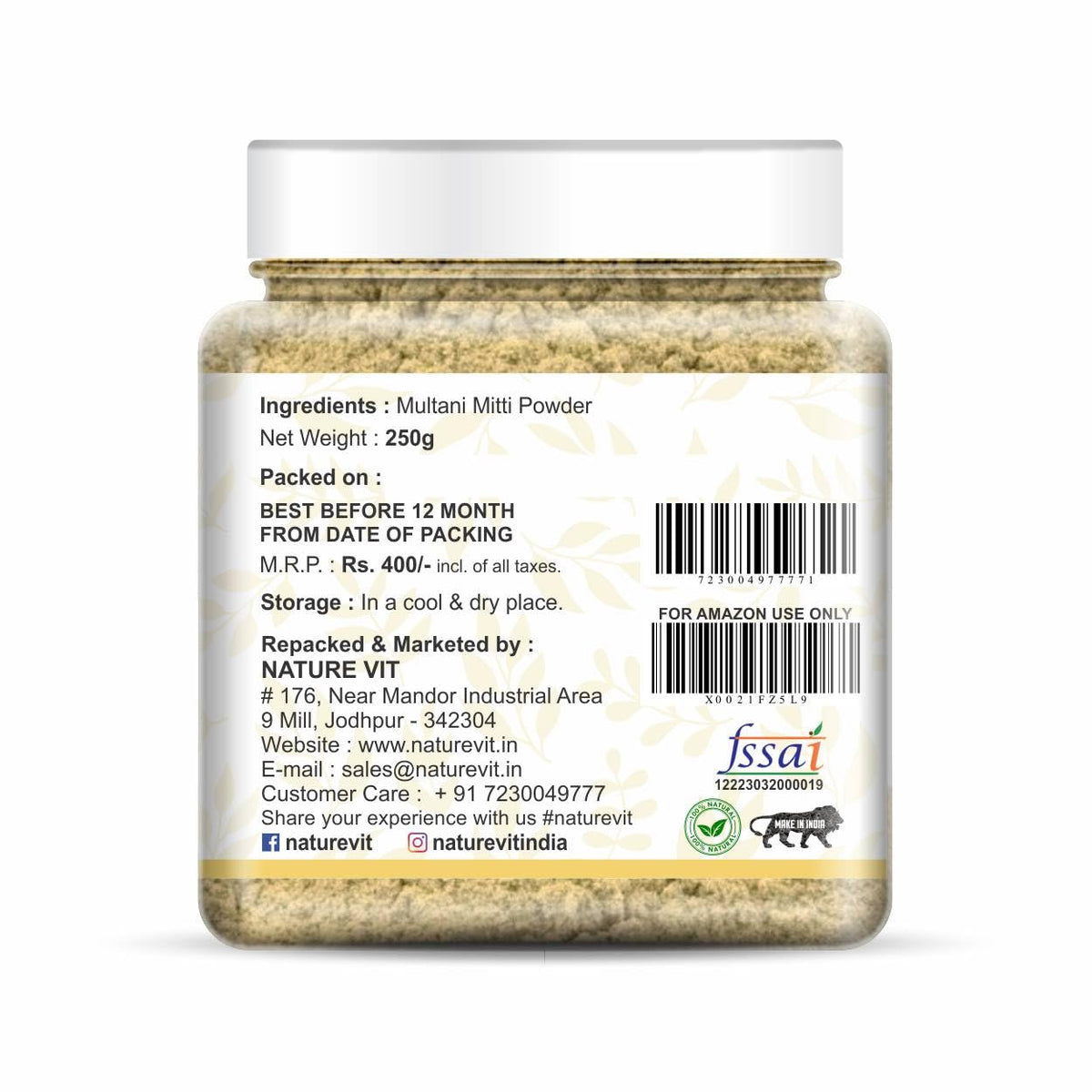 NatureVit Multani Mitti Powder for Face & Hair 250g | Natural Bentonite Clay for Glowing Skin & Oil Control | Fuller's Earth