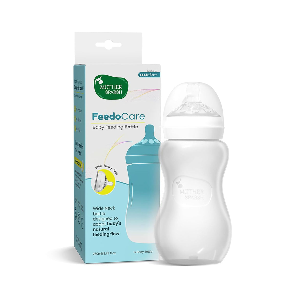 Mother Sparsh FeedoCare 260ml Wide Neck Baby Feeding Bottle, Plant Powered Natural Baby Liquid Cleanser and 99% Pure Water (Unscented) Baby Wipes with Lid I Natural Plant Made Cloth