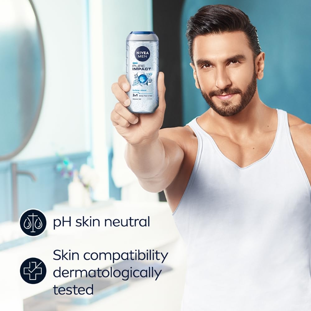 NIVEA MEN Pure Impact 500ml Body Wash| Shower Gel for Face, Body & Hair| Purifying Micro Particles for Extra Fine Scrub & Instant Summer Freshness|Clean, Healthy & Moisturized Skin