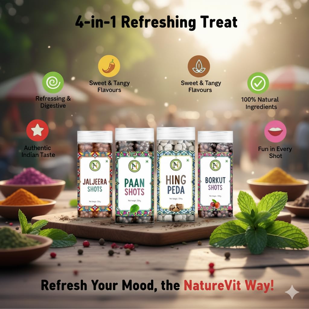 NatureVit Shots Combo Pack 800g (4 x 200g) | Borkut Shot, Paan Shot, Hing Peda & Jaljeera Shot | Tangy Digestive Mouth Freshener | Sweet & Spicy After Meal Treat