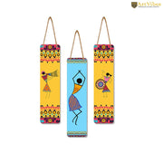 Artvibes African Warli Art Wooden Decoration Item for Living Room | Modern Decoration Items | Handcrafted | Living Room | Cafe | Aesthetic Wooden Decor | Ideal Gifts (WH_8108N), Set of 3