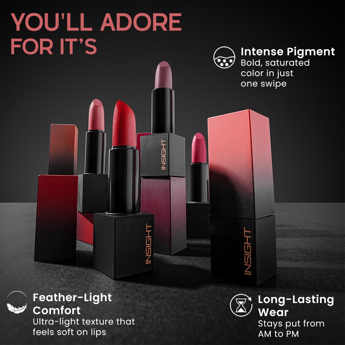 INSIGHT Velvet Matte Lipstick (Passion Petal) | Long Lasting, Smudge-Proof & Non-Drying | Enriched with Cocoa Butter, Argan Oil & Vitamin E | Smooth Application, Bold Pigment - 3.8g