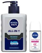Nivea Men & Women Deodorant Roll On, Whitening Smooth Skin, Cool Kick, 50Ml & Face Wash, Oil Control, 10X Vitamin C, 150Ml, Pack Of 1
